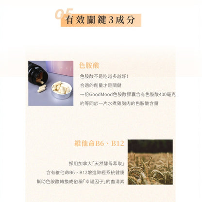 【GoodMood】好心情-色胺酸膠囊 60顆/盒 幫助入睡 專利胡椒鹼 SNQ認證 酵母B群 舒緩情緒