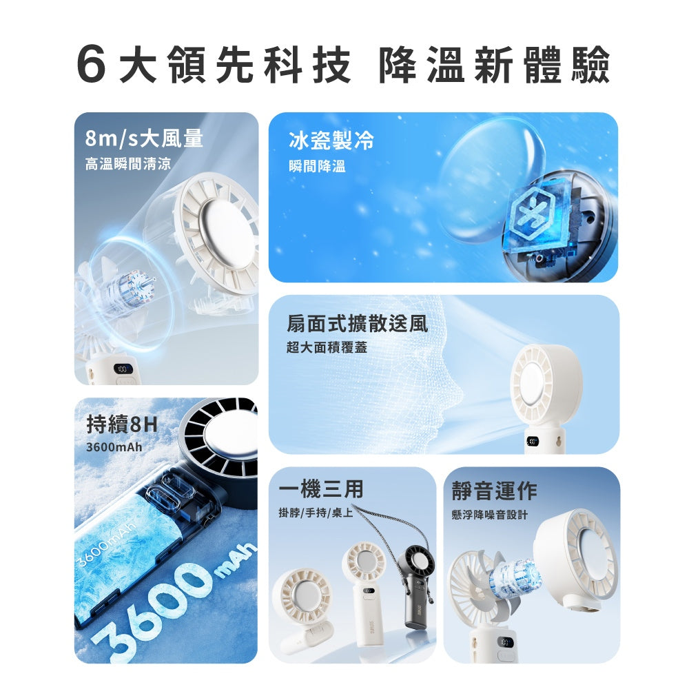 【向物】折疊高速手持風扇-渦輪ice 100檔風速 超導冰磁片 LED數顯 輕巧摺疊 伸縮掛繩 涼感風扇