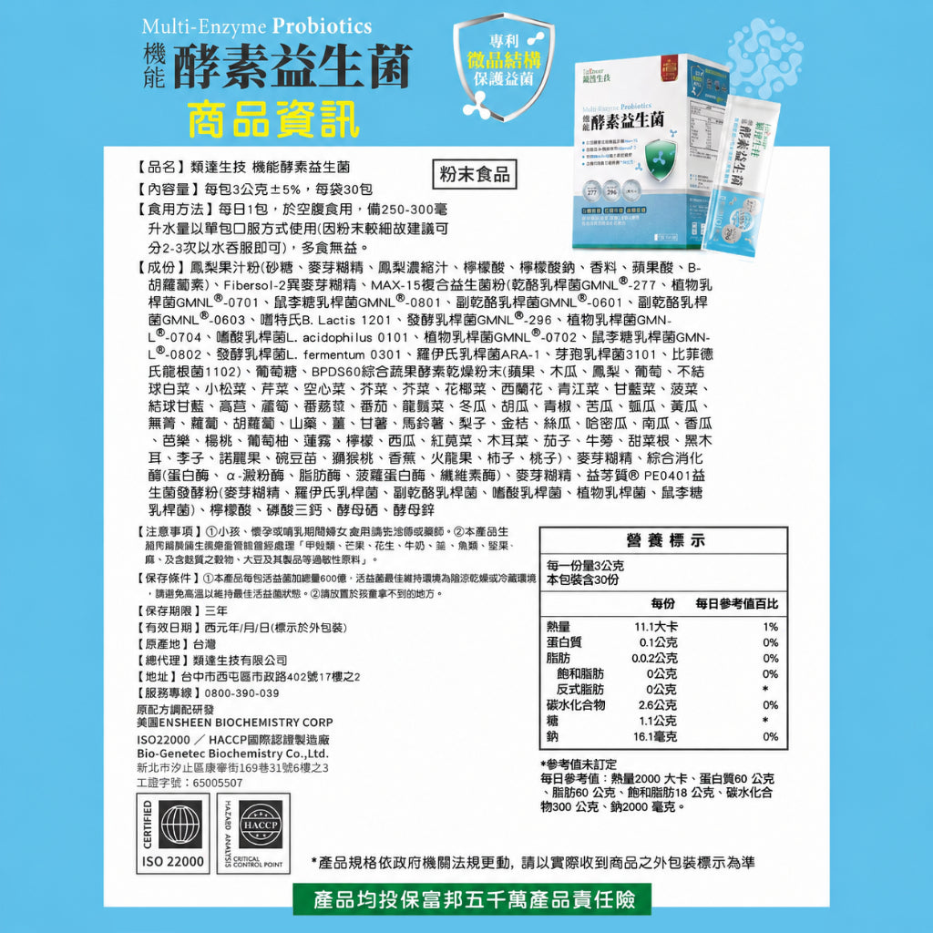 【穎達生技】機能酵素益生菌 30包/盒 600億益生菌 15株超級益菌 蔬果酵素 膳食纖維 調整體質 商品介紹圖 8