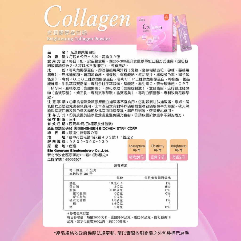 【穎達生技】光潤膠原蛋白 30包/盒 三大專利膠原 無腥味 珍珠粉 玻尿酸 賽洛美 維生素C 水潤透亮