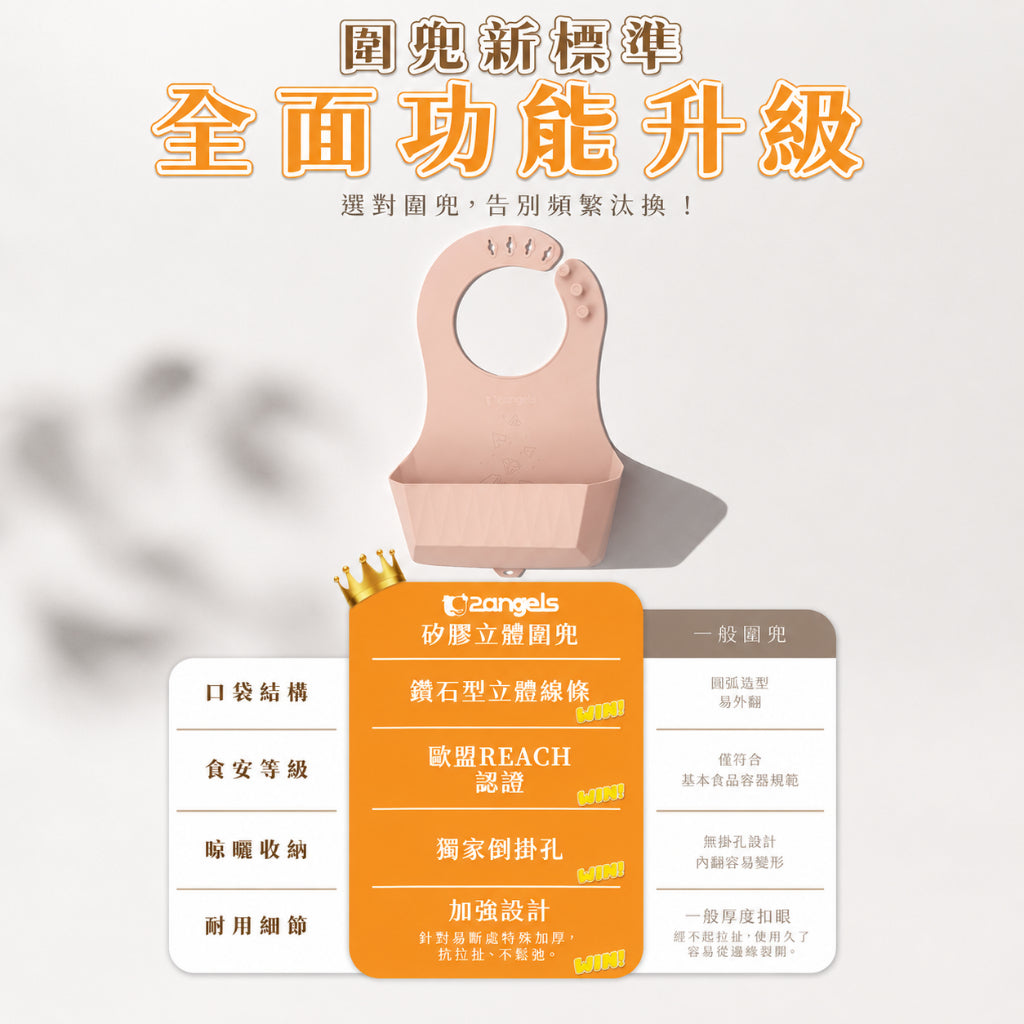 【2angels】矽膠鑽石圍兜 三色任選 食品級矽膠 立體口袋 多段式頸圍 掛孔瀝乾 兒童吃飯圍兜 商品介紹圖 3