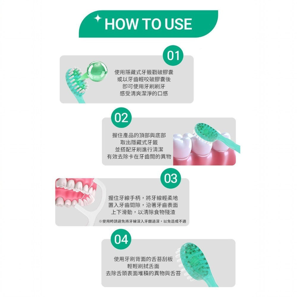 【韓國Quick Clean】5合1清新膠囊迷你潔牙刷 10入/盒 免水免牙膏 五合一強效清潔 露營旅行適用
