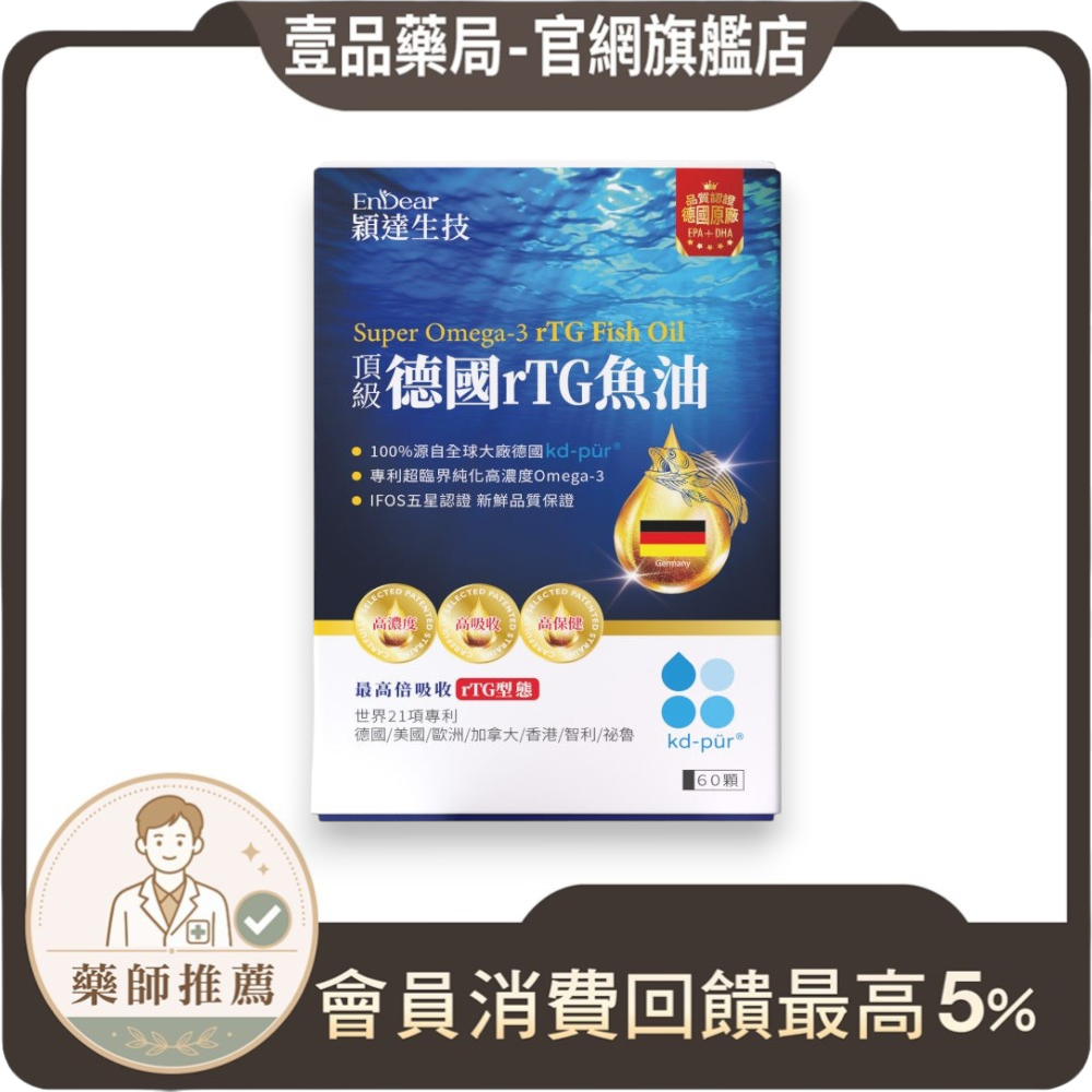 【穎達生技】德國頂級rTG魚油 60顆/盒 97%Omega-3 IFOS五星認證 rTG 日常補給