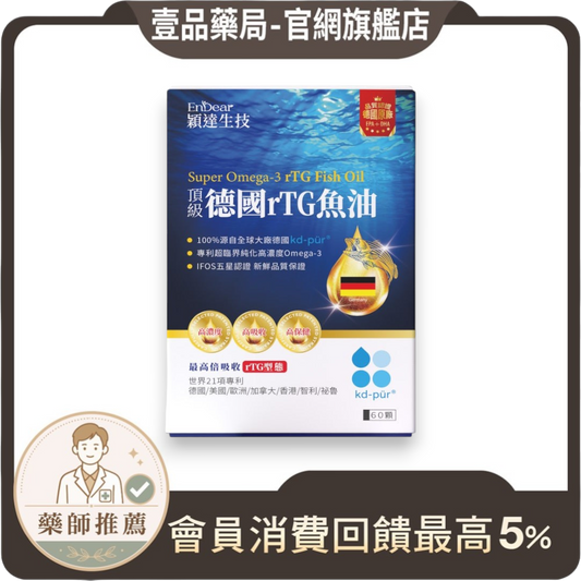 【穎達生技】德國頂級rTG魚油 60顆/盒 97%Omega-3 IFOS五星認證 rTG 日常補給