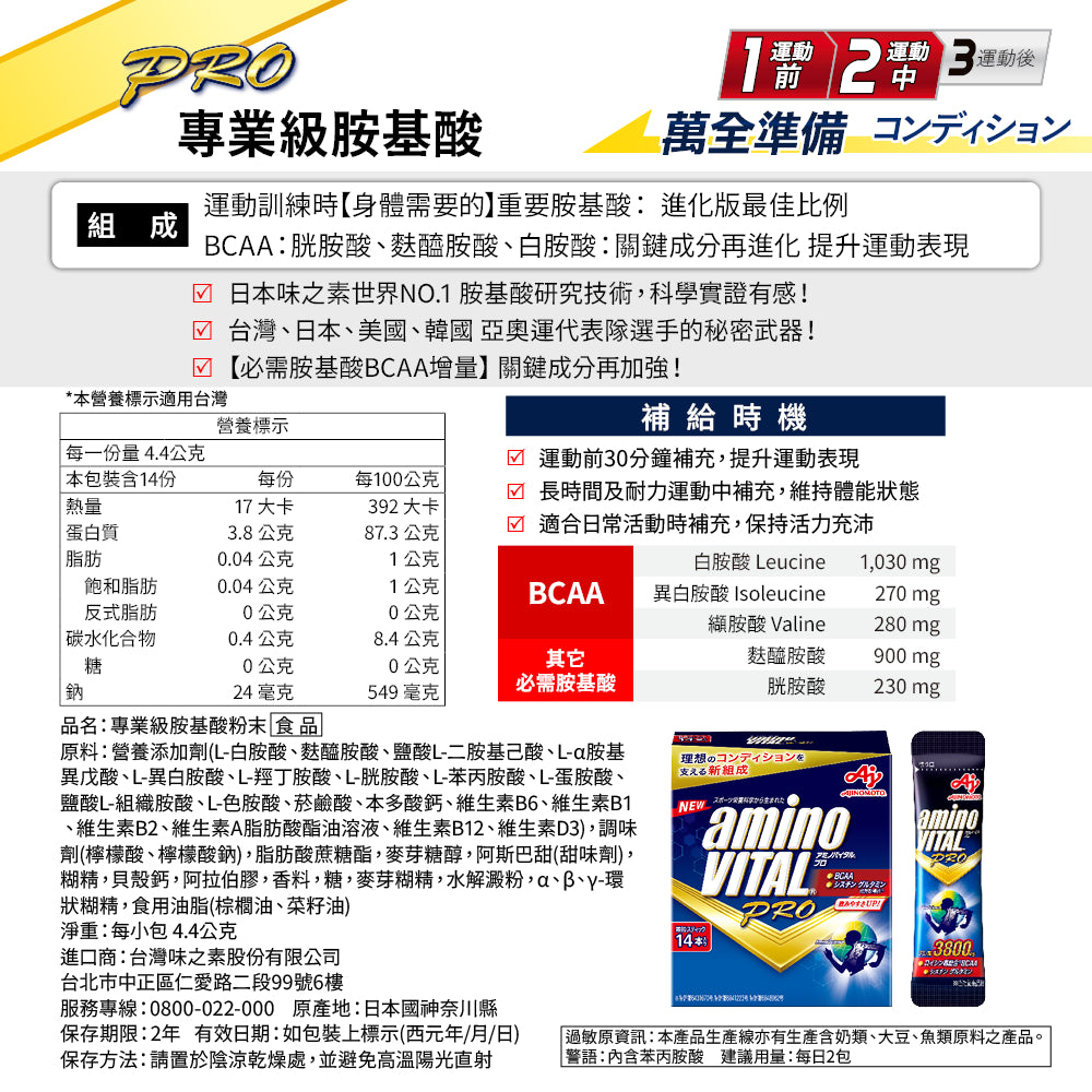 【aminoVITAL】PRO專業級胺基酸 14包/盒 BCAA增量配方 日本專利 提升運動表現 馬拉松 商品介紹圖 4