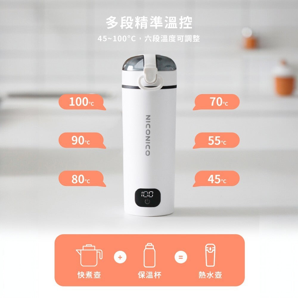 【NICONICO】便攜式雙電壓熱水壺 480ml NI-TK2417 國際電壓 過熱保護 觸控式 電熱瓶
