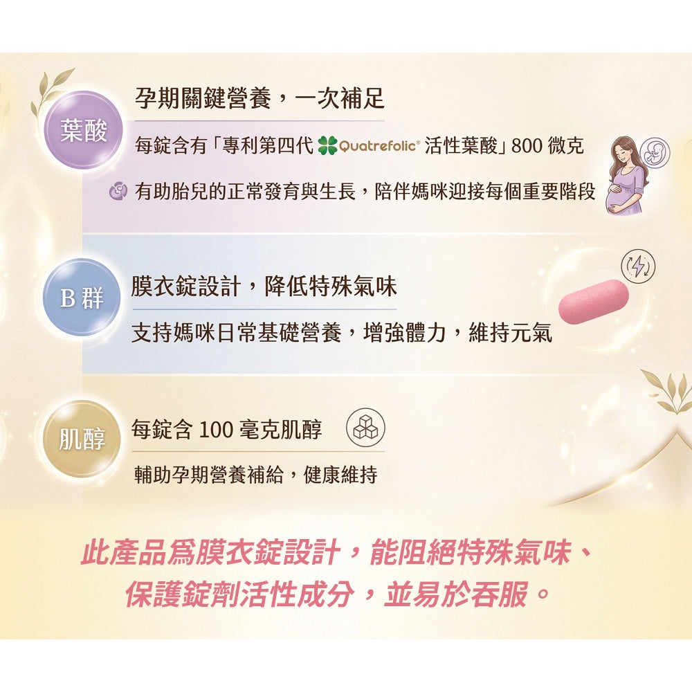 【愛司盟】孕媽咪綜合維他命膜衣錠 60粒/瓶 義大利第四代活性葉酸 美國原裝 維生素B群+維生素C 孕期補給 商品介紹圖 5