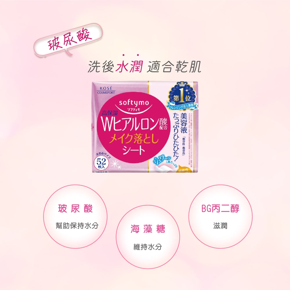 【KOSE】Softymo絲芙蒂 親膚卸粧棉 52枚裝 三款任選 玻尿酸 極淨 膠原蛋白 日常卸妝 滋潤肌膚 商品介紹圖 6