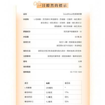 【GoodMood】好心情-色胺酸膠囊 60顆/盒 幫助入睡 專利胡椒鹼 SNQ認證 酵母B群 舒緩情緒