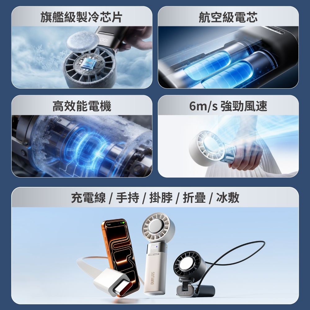 【向物】折疊冰敷高速手持風扇-冰炫 100檔風速 超導冰磁片 5000mA 行動充電 LED數顯 隨身風扇