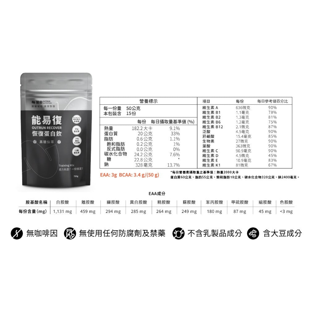 【堅心】能易復恢復蛋白 750g/袋 黑糖仙草 專利必需胺基酸 高碳水 運動修復 分離大豆蛋白 EAA