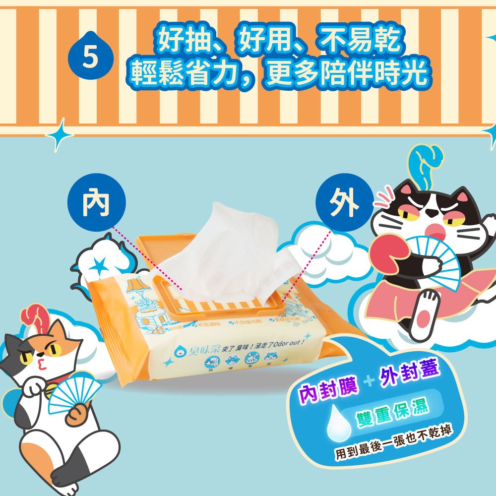 【臭味滾ODOUT】貓咪專用除臭抑菌濕紙巾 50抽/包 不含酒精 潔淨去味 植萃保濕 溫和清爽 寵物清潔