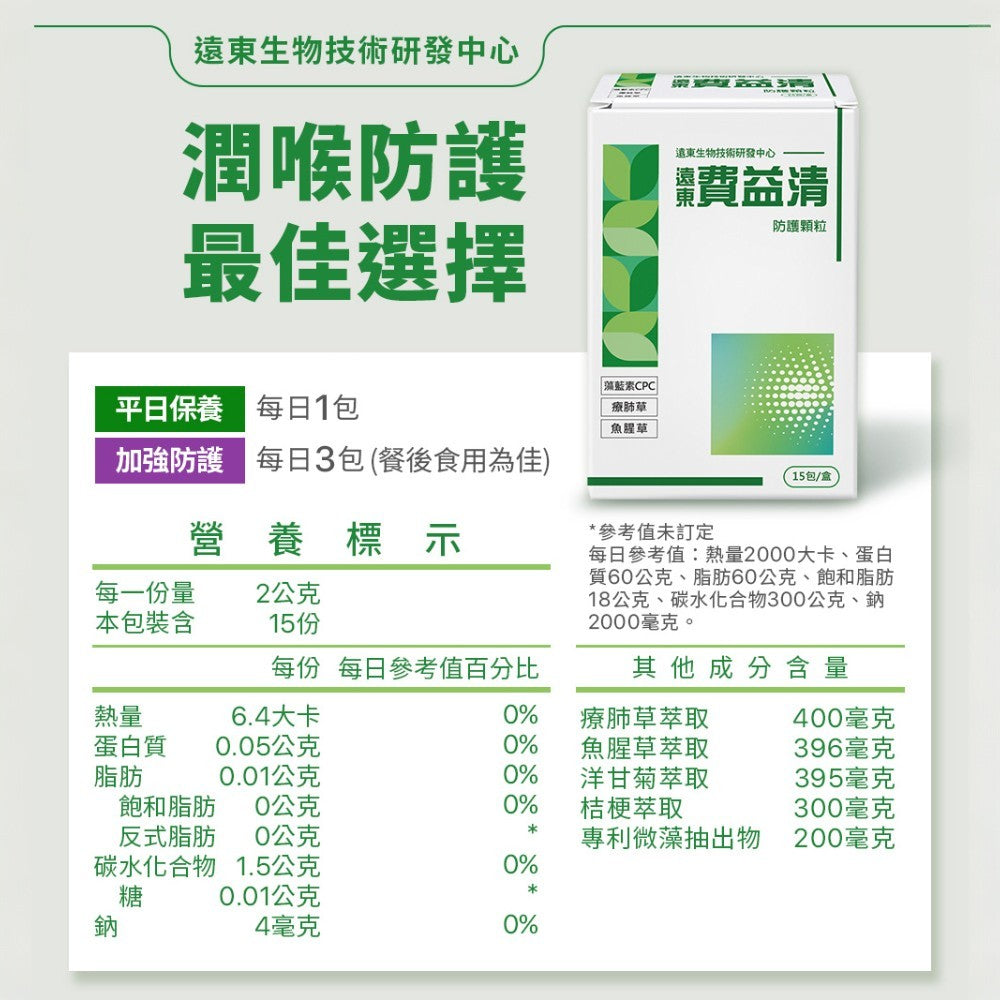 【遠東生技】費益清防護顆粒 15包/盒 療肺草 魚腥草 藻精蛋白 添加多種植萃 溫和潤喉 幫助舒緩