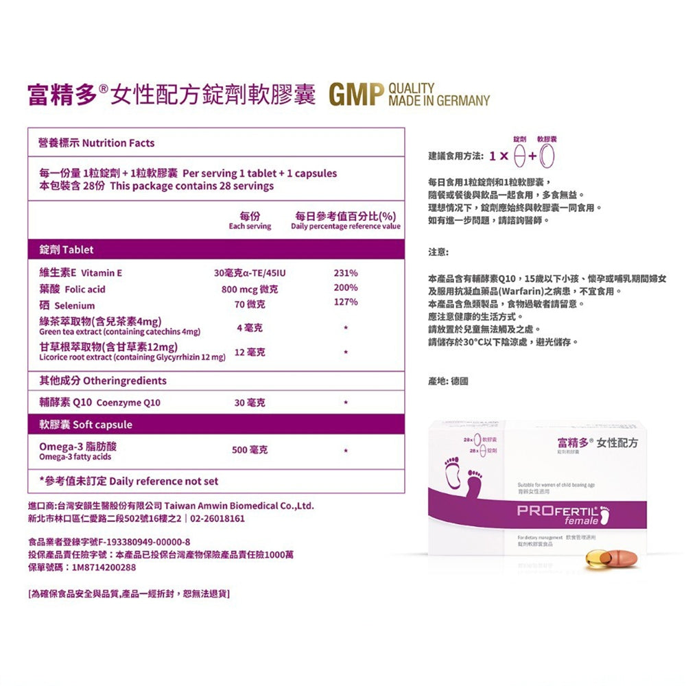 【富精多】女性配方錠劑軟膠囊 56粒/盒 德國原裝 葉酸 Q10 魚油 維生素E 女性備孕營養 準媽咪