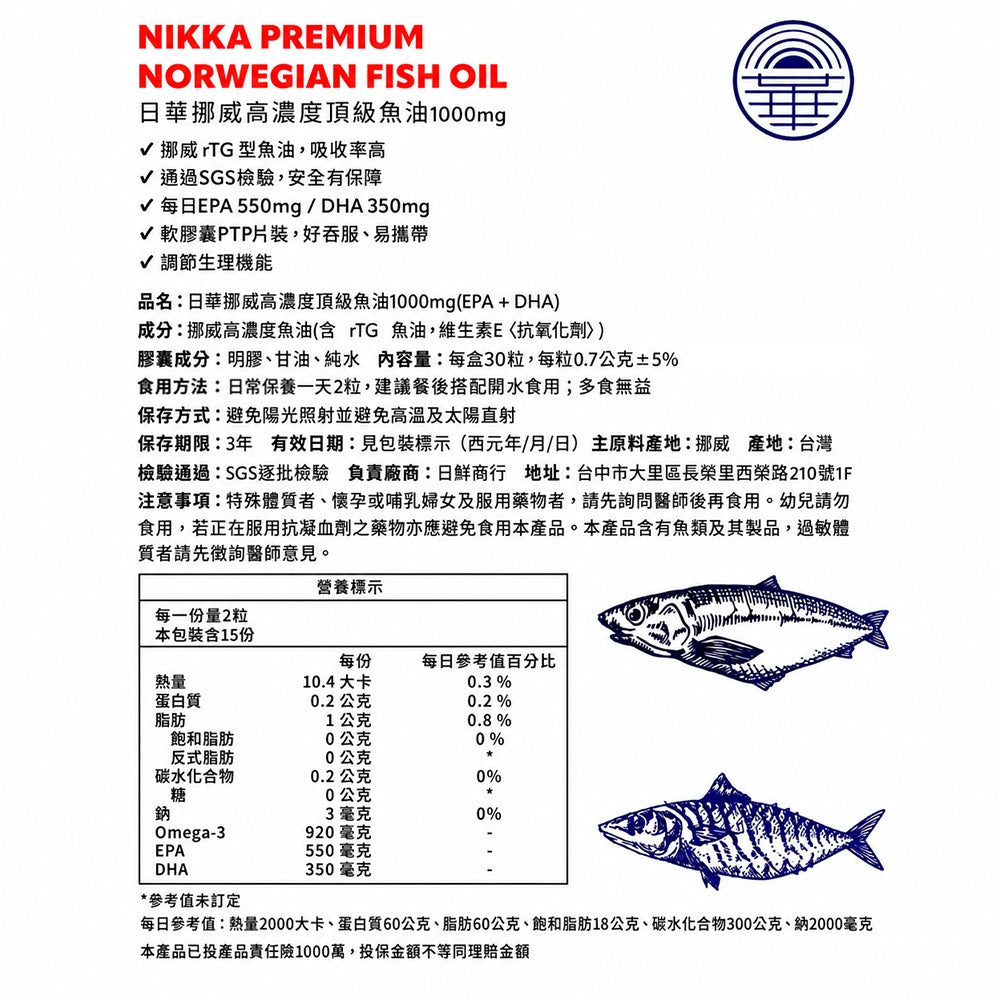 【日華】高濃度魚油92% EPA+DHA 30顆/盒 rTG型 挪威魚油 通過SGS 軟膠囊無腥味 營養補給 商品介紹圖 3