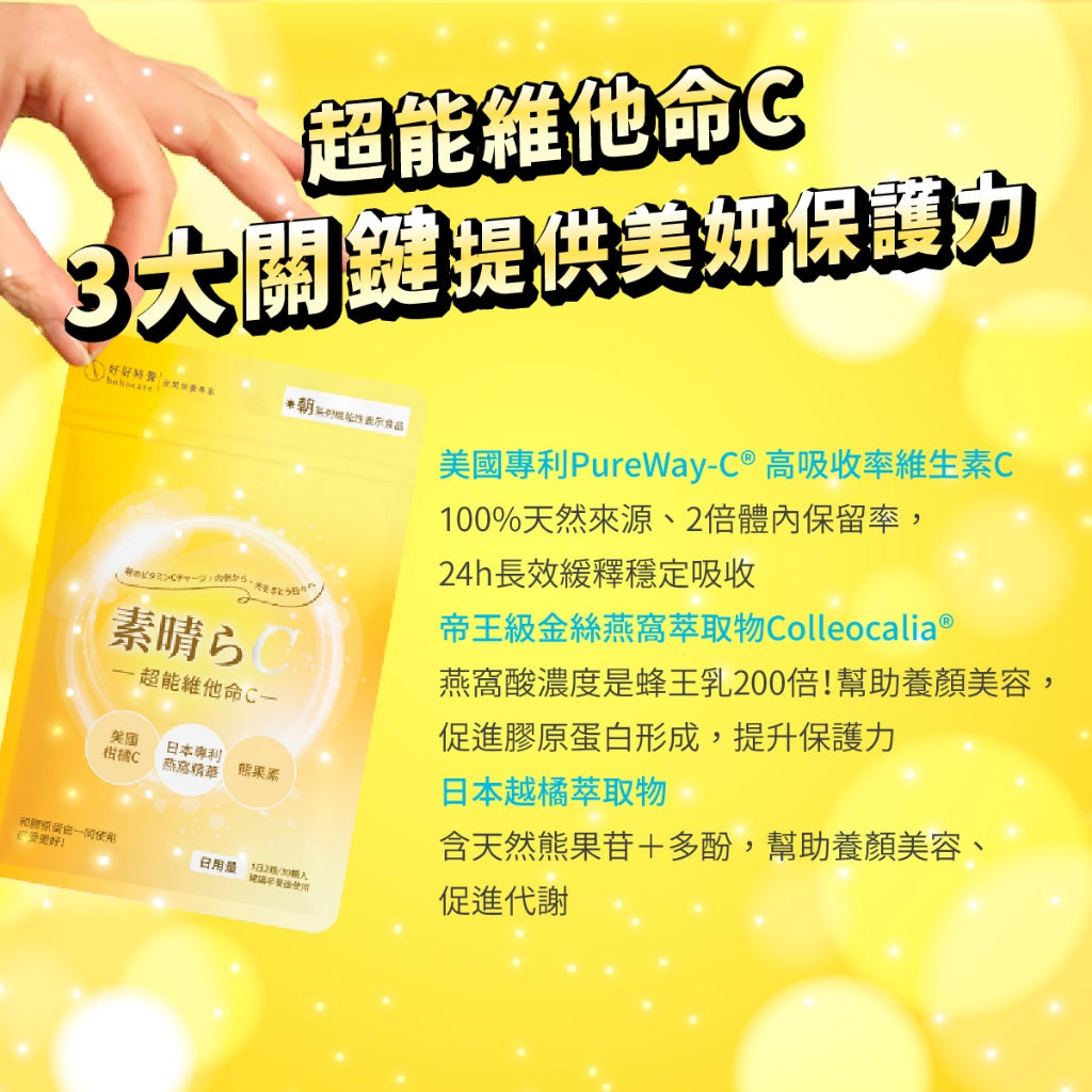 【好好時養】朝-超能維他命C+ 30顆/包 專利燕窩酸 高吸收 美國PureWay-C 日本越橘熊果素